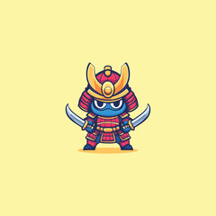 Obraz premium Cartoon Samurai Warrior with Dual Swords in Vibrant Armor on Soft Yellow Background