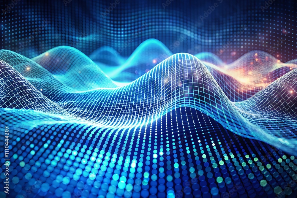 Poster vintage style photography of a dynamic blue particle wave, abstract sound visualization, flowing dig