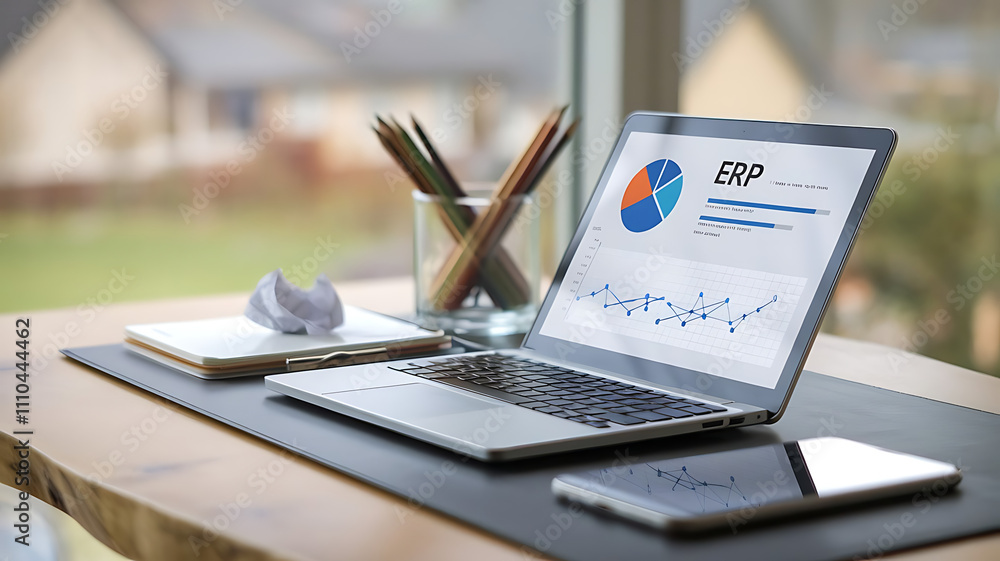 Aufkleber erp software, erp dashboard, enterprise resource planning, modern workspace with erp software on lap