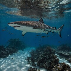 Naklejka premium A tiger shark with bioluminescent patterns gliding through clear water.