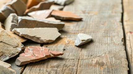 Close-up of ancient stone tools, sharp flint knives, and polished axes on a weathered wooden surface, symbolizing prehistoric craftsmanship and the dawn of human ingenuity..