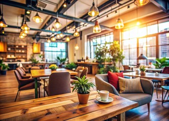 Vintage Style Photography of a Modern Co-Working Space with a Relaxation Lounge and Cafe Area Featuring a Wooden Table, Chairs, and a Barista Serving Organic Drinks in the Background