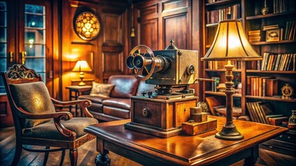 Vintage Style Photography of an Opaque Projector (Epidiascope) in a Classic Study Setting with Warm Lighting and Nostalgic Decor for Educational and Historical Context