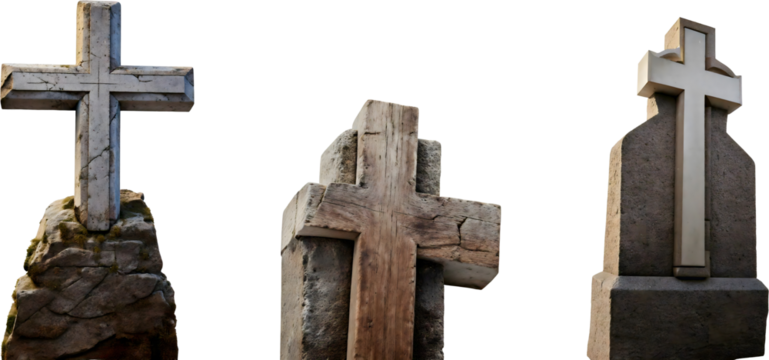Three Distinct Cross Designs in Various Materials Representing Faith, Remembrance, and Heritage, Ideal for Religious Themes and Memorial Concepts