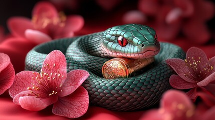Fototapeta premium Snake intertwined with pink flowers and decorative object in a serene setting