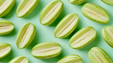 Close-up of bright green pepino melons, with one cut to reveal its striped interior