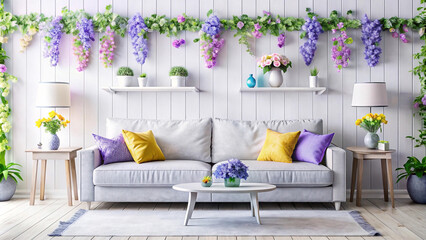 Light grey sofa in floral decorated living room.