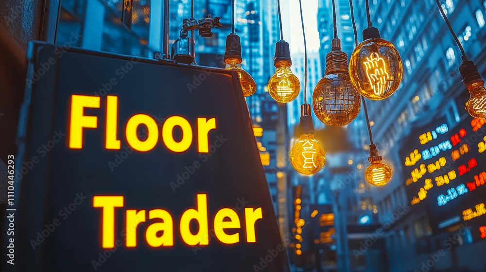 Poster dynamic floor trader concept with illuminated signage and stock market in background