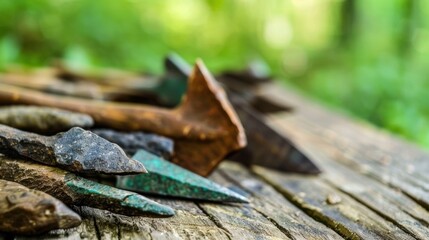 Close-up of ancient stone tools, sharp flint knives, and polished axes on a weathered wooden surface, symbolizing prehistoric craftsmanship and the dawn of human ingenuity..