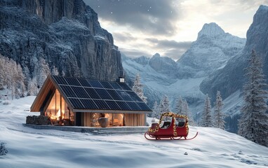 Naklejka premium A scenic mountain cabin with solar panels on the roof and an electric Christmas sleigh parked nearby