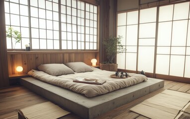 Japandi Bedroom Minimalist bedroom with japandi interior design. Concrete and wooden paneling with a low platform bed and soft textiles.