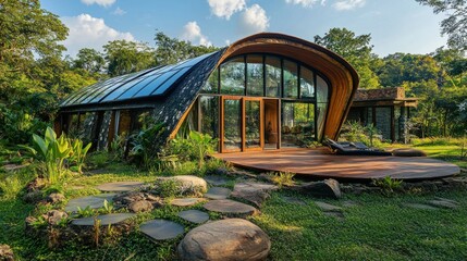 Modern eco-friendly house with solar panels, large windows, wooden deck, and lush green surroundings.