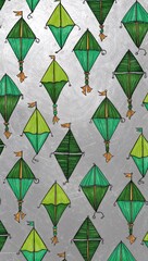 Fototapeta premium Green Kite pattern hand drawn design on Silver background illustration