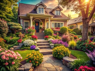 Vintage Style Photography of Modern Front Garden Landscaping Ideas Featuring Lush Greenery, Colorful Flower Beds, and Charming Pathways in a Quaint Residential Setting