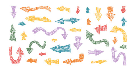 Colorful doodle arrows set crayon drawing. Chalk handwritten symbols. Pointers by pencil isolated on white background. Vector freehand scribble notes elements illustration