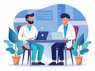 doctor and men sitting at a table with a laptop