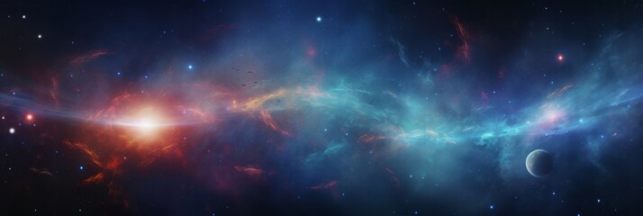 Fototapeta premium Stunning banner showcasing vibrant cosmic scene with swirling colors of blue, orange, purple. Distant planets, sparkling stars create captivating atmosphere, for sci-fi themes, artistic inspiration.
