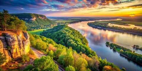 Vintage Style Photography of Scenic Bluffs Overlooking the Mississippi River from Grand Dad's Bluff in La Crosse, Wisconsin, Capturing the Serene Beauty of Nature and Landscapes