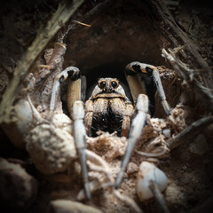 Tarantula peeking out of its burrow waiting for prey