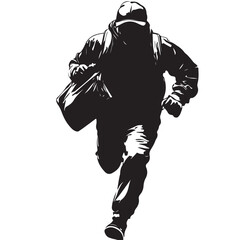  a man running, carrying a bag while wearing a jacket and a hat black and white color isolated  in white background