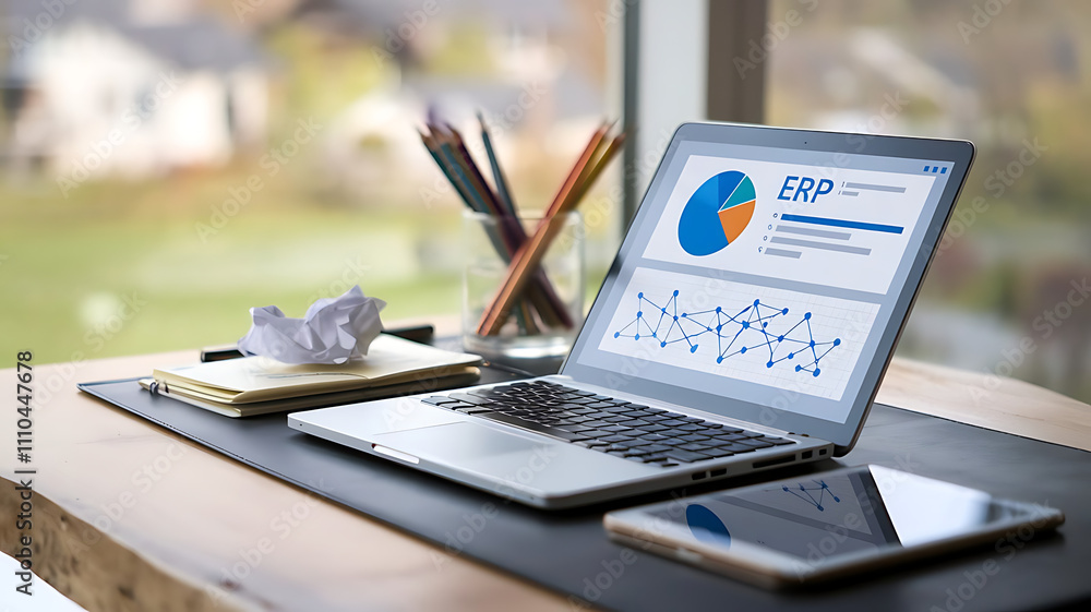 Poster erp software, erp dashboard, enterprise resource planning, modern workspace with erp software on lap