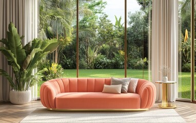 A stylish interior with a soft coral-colored sofa, gold accents, and large windows overlooking a green outdoor space