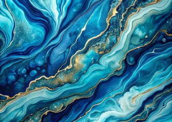 Obraz premium Abstract Fluid Art Background in Navy Blue and Turquoise Featuring Liquid Marble Effects with Cerulean Lines and Gradient Alcohol Ink Backdrop Displaying a Wavy Pattern