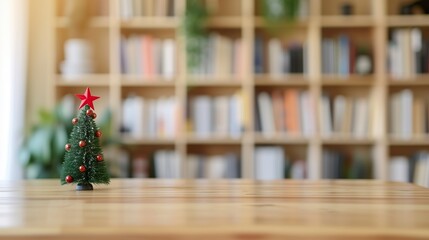 Little Christmas tree  on wooden table with bookshelf background, tranquil study space concept	