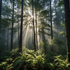 Fototapeta premium A lush, green forest with tall trees, golden sunlight filtering through the branches, and a vibrant, clear blue sky.