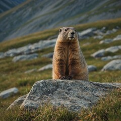 A marmot standing upright on a rock in a grassy mountain clearing.