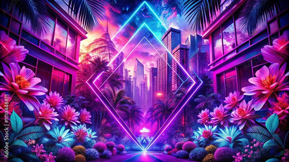 Poster vivid neon design with double exposure: energetic textures and patterns in purple and pink for dynam