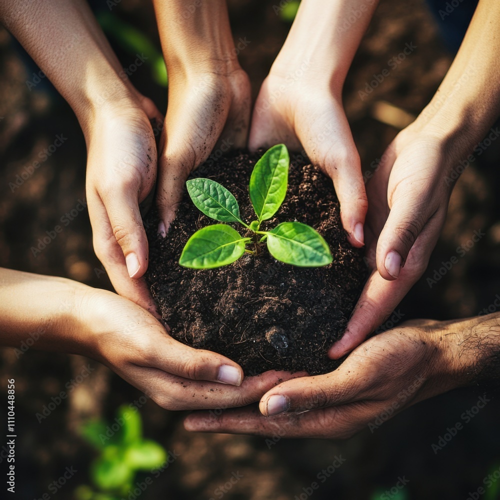 Fototapete Protecting Our Planet:  A Group of Hands Gently Cradle a Young Sapling, Symbolizing Environmental Conservation and the Importance of Collective Action for a Sustainable Future