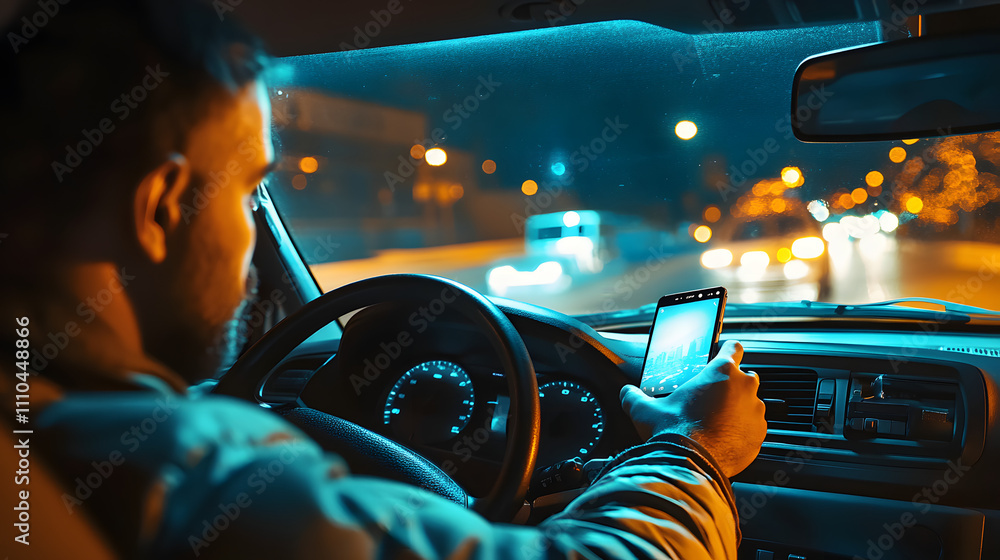 Poster driver using smartphone while driving.