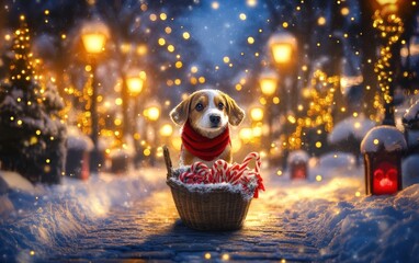 A cheerful dog wearing a red scarf carrying a basket of candy canes in a snow-covered park illuminated by Christmas lanterns