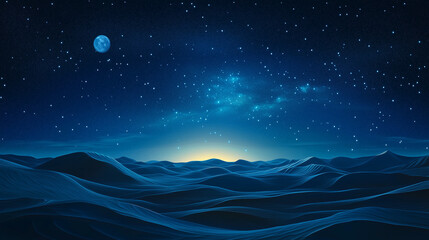 desert landscape under a starry night sky and moon