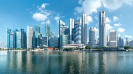 Naklejka premium A wide shot of a bustling city skyline with tall skyscrapers, representing a global capital city