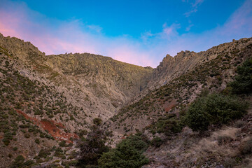 View of the Galayos ravine, mountain route in the town of Guisando, Avila, Castilla y Leon, Spain, at dawn