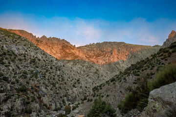 View of the Galayos ravine, mountain route in the town of Guisando, Avila, Castilla y Leon, Spain, at dawn