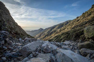View of the Galayos ravine, mountain route in the town of Guisando, Avila, Castilla y Leon, Spain, at dawn