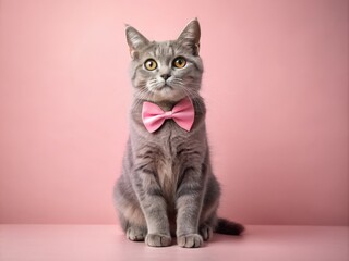 Obraz premium Adorable Gray Cat in a Bow Tie on a Soft Pink Monochrome Background Perfect for Valentine's Day and Women's Day Postcards with Space for Your Sweet Message