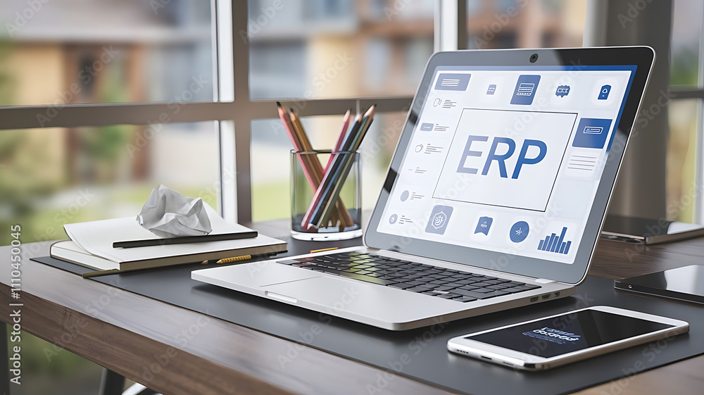 Poster erp software, erp dashboard, enterprise resource planning, modern workspace with erp software on lap