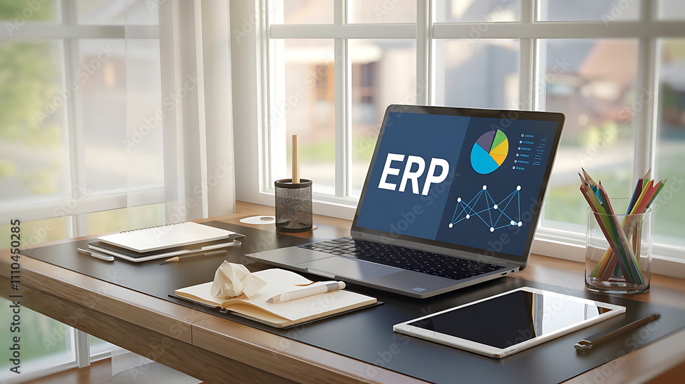 Aufkleber erp software, erp dashboard, enterprise resource planning, modern workspace with erp software on lap