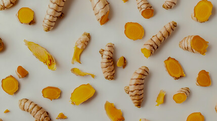 Fresh turmeric roots and sliced pieces on a white background, vibrant and natural