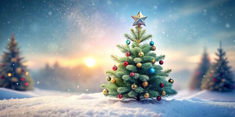 Obraz premium Adorned Minimalist Christmas Tree in Snowy Landscape - Pastel 2D Art Illustration with Tilt-Shift Photography Effect