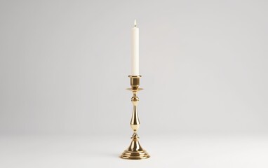 Candlestick A tall, elegant candlestick made of polished brass with a single white candle, standing on a white background.