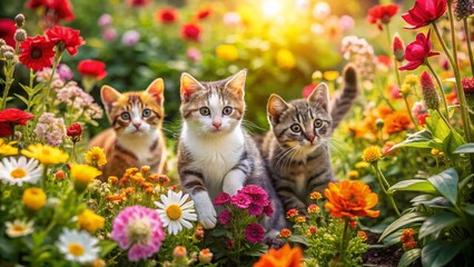 Whimsical Drone Photography of Cute Cats in a Vibrant Garden Setting with Playful Poses and Colorful Flowers, Capturing Joyful Moments of Feline Companionship
