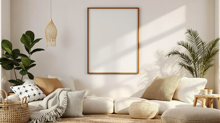 Laid-Back Boho Interior with Framed Poster Mockup and Woven Elements