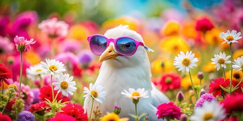Fototapeta premium White Bird in Sunglasses Surrounded by Vibrant Flowers on a Soft Pink Background - A Playful and Whimsical Conceptual Photography Scene