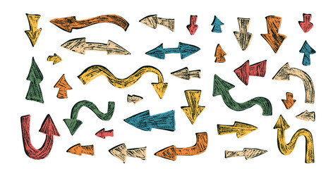 Arrow set crayon drawing. Direction pointers for game. Navigation naive scribble elements. Path marks isolated on white background. Vector hand drawn illustration