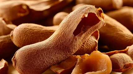 Close-up of fresh tamarind pods with their rough brown shells partially peeled to reveal sticky pulp